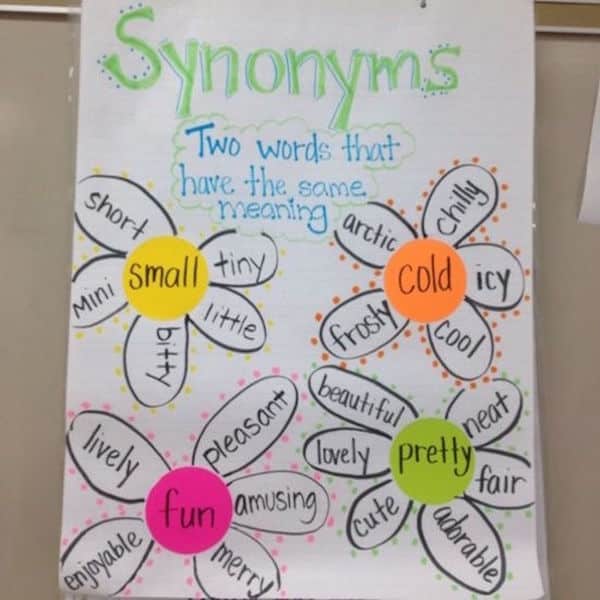 Teaching synonyms is a fun way for building vocabulary and allowing for more concise writing skills. Anchor charts and free worksheet printables will help!