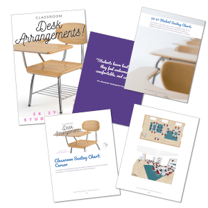 Two desks are positioned front and center for behavior issues or for teacher recognition. The rest of the desks are in team formations.