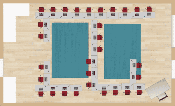 This classroom desk arrangement begins in an H formation, then the extra desks are placed on the legs of the H to face inward. This example does not work well if the instruction os given from one place in the room. but it would work well for independent work and centers.
