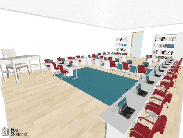This classroom desk arrangement begins in an H formation, then the extra desks are placed on the legs of the H to face inward. This example does not work well if the instruction os given from one place in the room. but it would work well for independent work and centers.