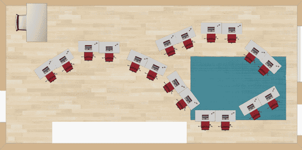 This choice involves a line of desks snaking around the room, and almost crossing as it comes back again. It would be perfect for those “problem students” in your class because the students will have a hard time finding their “buddies” during class with this arrangement if they are opposite ends of the room.