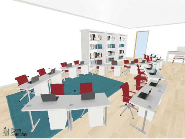 This choice involves a line of desks snaking around the room, and almost crossing as it comes back again. It would be perfect for those “problem students” in your class because the students will have a hard time finding their “buddies” during class with this arrangement if they are opposite ends of the room.