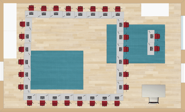 One large square shape with a couple of back row seats completes this example. This would be great for public speaking presentations where the students would have to present in the middle of the square. Another idea would be an opportunity for open discussion so that the students would be able to face one another for proper discussion etiquette.