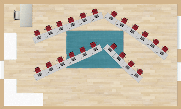 Two straight lines are shifted in the middle so that all desks are angled toward a center point in the room. This is a good choice for classrooms that do a lot of presentations.