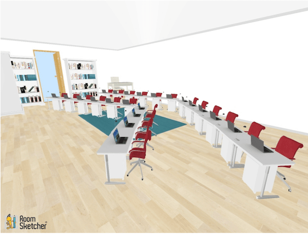 Two straight lines are shifted in the middle so that all desks are angled toward a center point in the room. This is a good choice for classrooms that do a lot of presentations.