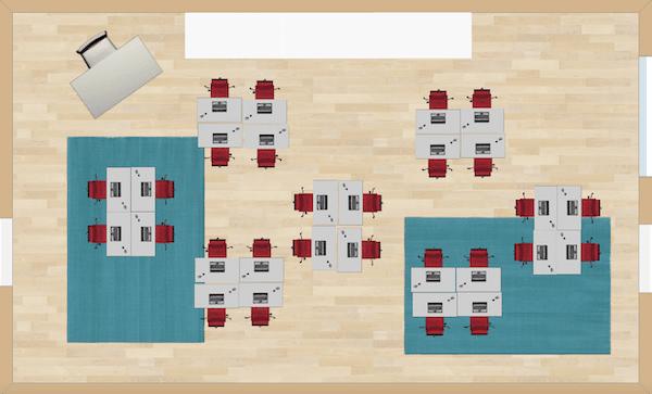 Pods of four desks in each small group are the traits of this seating arrangement. Perfect for small groups of four and/or partner work with face or shoulder partners.