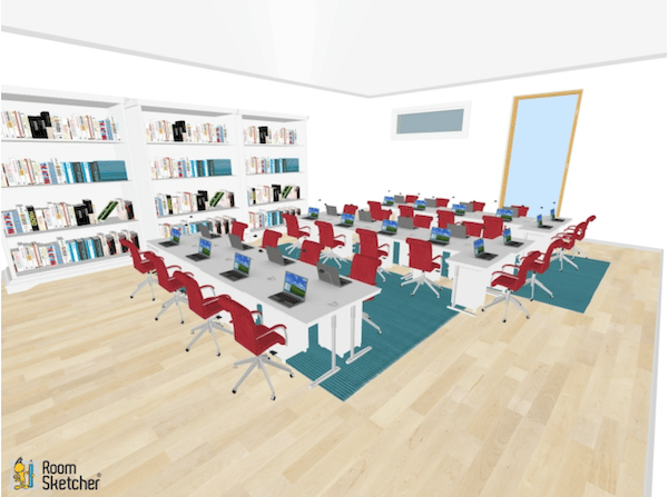 Three larger groups of desks make for good student participation. Students are able to work in teams and complete classroom discussions, while coming to a consensus.