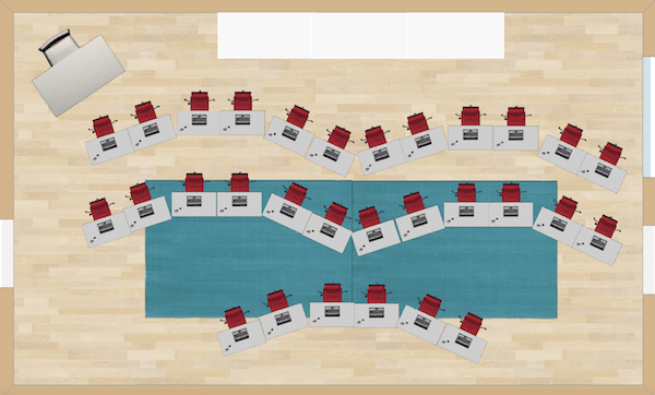 Wavy lines are the look of this seating chart. While it is similar to traditional straight lines of desks, it offers a bit of novelty by shifting the desks to one way or another. Lecture-style instruction would work nicely with this example since the desks are all facing one general direction.