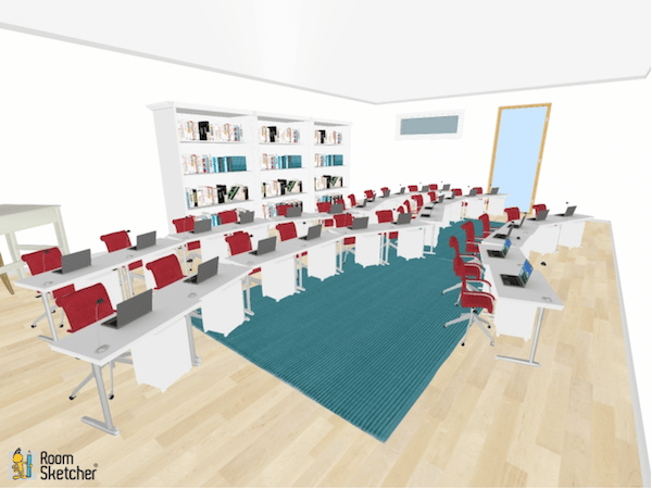 Wavy lines are the look of this seating chart. While it is similar to traditional straight lines of desks, it offers a bit of novelty by shifting the desks to one way or another. Lecture-style instruction would work nicely with this example since the desks are all facing one general direction.