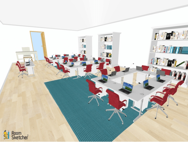 Two desks are positioned front and center for behavior issues or for teacher recognition. The rest of the desks are in team formations.