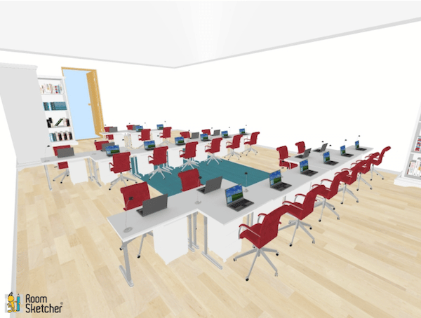 Desks are staggered upon each other so that each student has his or her own space. Even with the separation, there is still opportunity for interaction among peers.