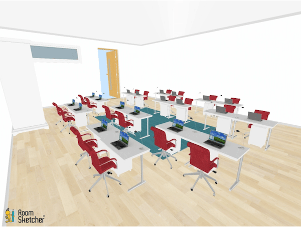 This desk arrangement is more like a competitive arena. The students are able to work in a discussion format and are able to see one another, while there is still a team concept from viewing the alternating sides of the room.