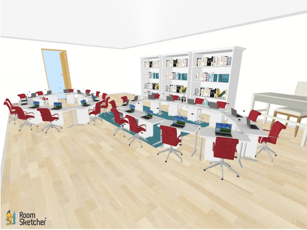Not perfect circles, but rather more egg-like, these two small circles of desks are good for students moving into groups. You could use this seating arrangement to your advantage by having students get into different groups throughout the lesson or day and switch seats. It certainly would keep the students awake!