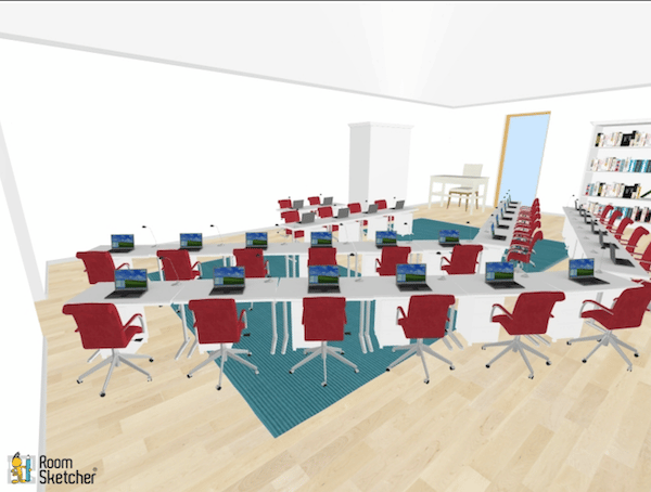 Students are in two long groups, but are staggered for less talking than in traditional pod formations. They will face one another, but have access to many different students for interaction and collaboration.