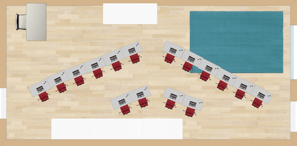 Obviously named for the floor arrangement of desks. Similar to the standard rows of desks, but all students are equally able to see the front of the classroom easily. This set up does not allow for much cooperative learning, so make sure to incorporate a space in the classroom for that type of instruction.