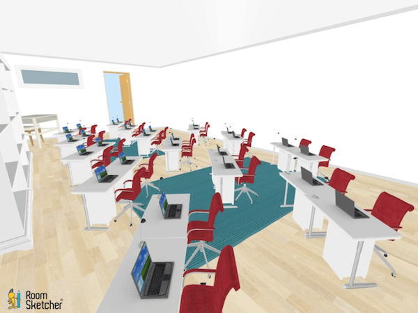 Short and straight diagonal lines are the focus of this classroom desk arrangement. Students are at an angle to get a different perspective of the room. Make sure your teaching style does not rest where students must turn their heads. Not the best choice for student collaboration.