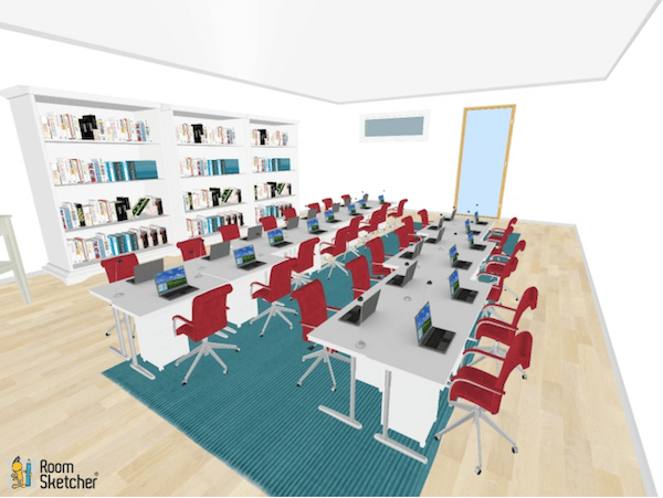This grouping of desks appears to look like stair steps. The pods of four desks are easily able to work with one another and collaborate with those that are within close proximity.