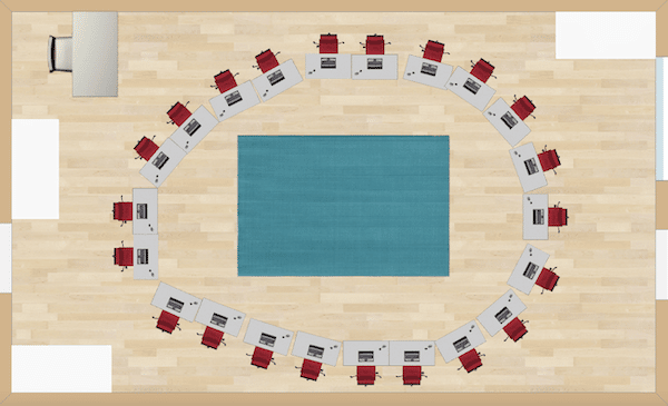 Perfect for literature discussions, project analysis, debates, and lectures, this arrangement will work perfectly for those group activities. Desks will have to be pulled apart for independent work and assessment, but if you have a classroom full of whole group work, this might be a great alternative!