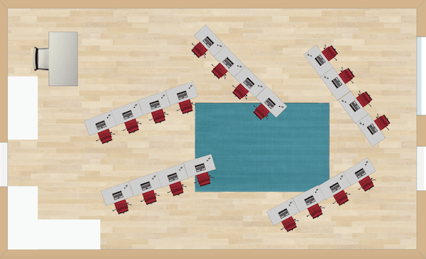 This seating chart works best of you tend to lecture more than not. Students will be able to pick out a central location in the room and move their chairs accordingly to see the instruction. It is a simple design that is easy to straighten at the end of the class period or day.