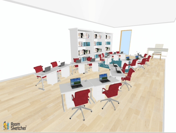Shaped like a pair of glasses, this seating arrangements veers from the traditional straight lines you often see in the majority of classrooms. This seating arrangement allows for intimate book discussions or thought-provoking math revelations.