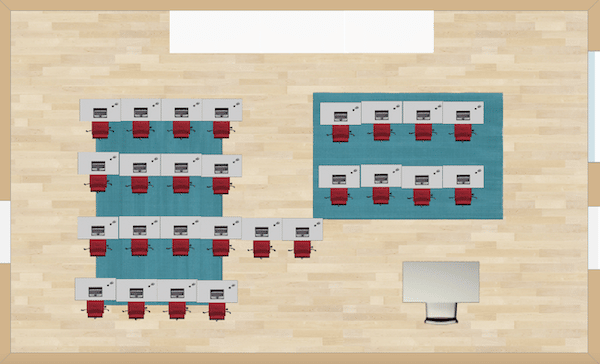 Smaller rows of desks are linear in this option. Passing out papers becomes a snap if you hand out the stack to the student at the end of each row to pass down. Same for handing in work, but in the opposite direction.
