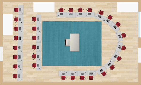 This seating chart is a good example of a style that would work well with a performance class or debate panel. The panel would sit in the arc, while the spectators could face them and offer discussion at the end.