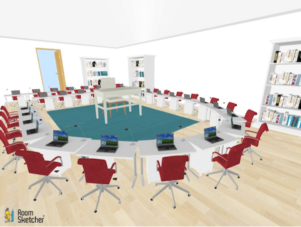 This seating chart is a good example of a style that would work well with a performance class or debate panel. The panel would sit in the arc, while the spectators could face them and offer discussion at the end.