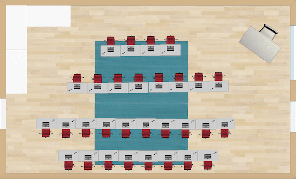 Straight parallel lines are the look of this desk arrangement. Two lines of students that face one another are perfect for friendly debates during class.