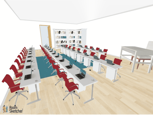 Straight parallel lines are the look of this desk arrangement. Two lines of students that face one another are perfect for friendly debates during class.