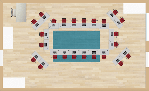 This seating chart consists of a circle of students, with pairs around the outside. It would be suitable for roundtable discussions.