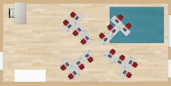 In the Pinwheel, students will be facing many different directions. For seat work or centers, this is a wonderful option. During direct instruction of whole group, a separate space in the classroom (i.e. teaching from the carpet) will be necessary.