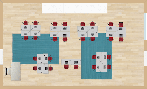 Compact teams of four are positioned closely in the room. This seating choice will take up less classroom space than many others.