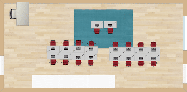 Perfect for behavior problems, this set up allows most students to work together. The couple students who may have temporarily lost that privilege get up close-and-personal teacher attention in the front and center.