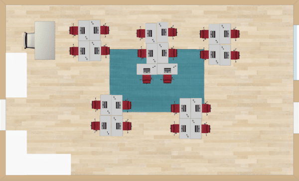 Five teams are placed in a linear formation. This type of seating chart is popular in many classrooms.
