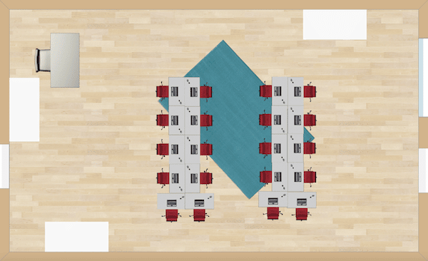 Two larger teams can be formed and take up less floor space than other seating charts. Try a boy/girl split or evenly distribute them between the two teams in alternating seats.