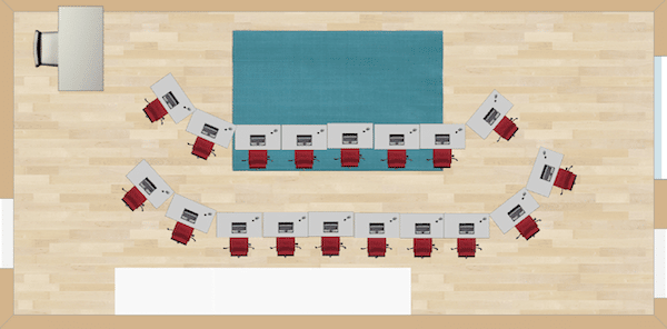 This seating arrangement gives the students a way to see everything going on in front of the classroom. Wonderful for Reader’s Theater!