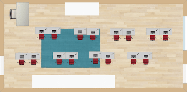 This is just a simple desk setup for standard classroom learning. Desks are staggered so that student viewing is not impeded by another desk.