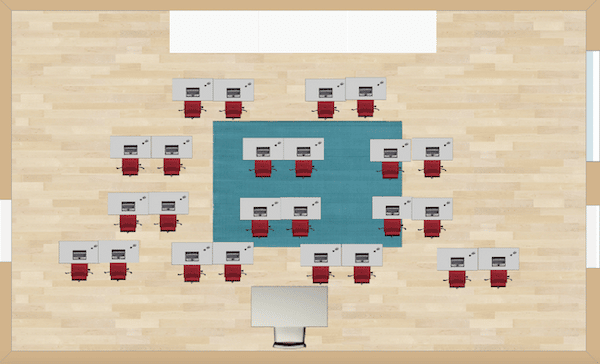 A way to put the desks in a few different rows. Each row is differentiating from two or three desks in each. Gives a nice staggered look.