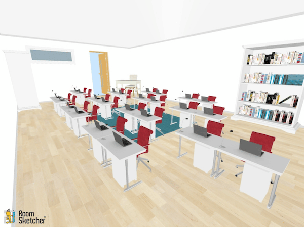 Pairs of desks are arranged resembling rows and columns. The desks are staggered so that all students have equal access to view the teacher or board up front.