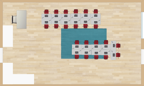 Two large chunks of students comprise this seating arrangement. It will take up far less of the classroom than other options.