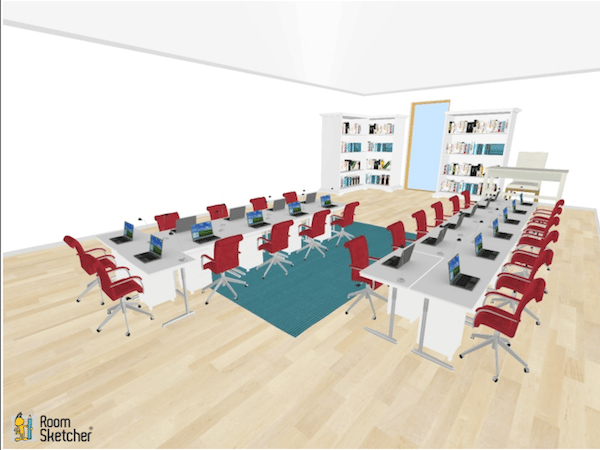 Two large chunks of students comprise this seating arrangement. It will take up far less of the classroom than other options.