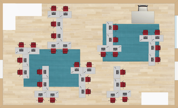 This seating chart example has small groups of four to six students sitting in various directions, but still adjacent to one another for cooperative learning activities to occur.