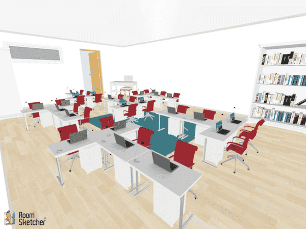 T-shaped desk arrangements are placed various locations in the classroom. All students are facing in different directions, so be sure to note that when planning instructional methods.