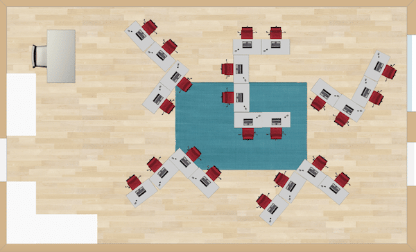The desks are positioned in one “C” shape, along with four “L” shapes. It is a fun and novel way to place the desks in the classroom. In addition, behaviors are easily split up across the room.