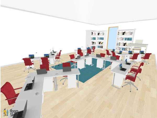 The desks are positioned in one “C” shape, along with four “L” shapes. It is a fun and novel way to place the desks in the classroom. In addition, behaviors are easily split up across the room.