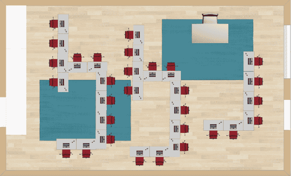 Zig zags formations are the center of this class seating chart. This would work best for individual student center work as the students would be able to work independently, while also allowing for freedom of movement throughout the classroom.