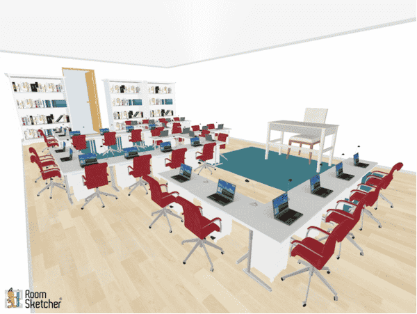 Zig zags formations are the center of this class seating chart. This would work best for individual student center work as the students would be able to work independently, while also allowing for freedom of movement throughout the classroom.