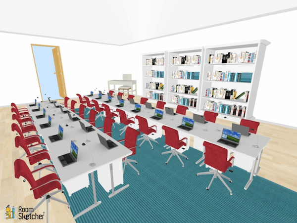 Two large groups of desks showcase this desk arrangement. It works well if you have less space, as there is less waster space in between desks and it is easier to compact the students.