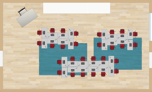 Large groups of students desks are seen in this seating chart example. Perfect when you want to do team collaboration activities. Students are close enough to one another to discuss, but not too far away so that they cannot see one another.