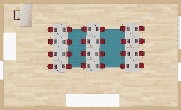 Three groups of desks are arranged in a line with a small walkway between each. Behaviors are broken apart by placing them with backs facing one another across the room.